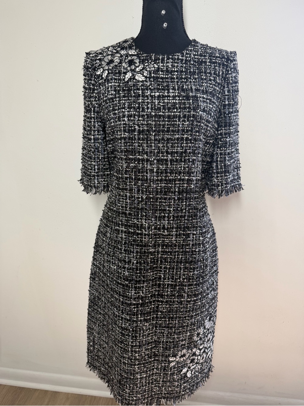 Teri Jon Black and White Tweed Midi Dress with Floral Appliqué